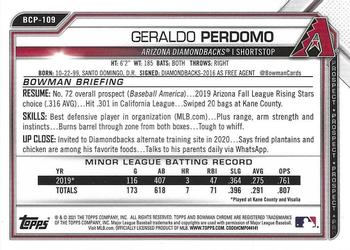 2021 Bowman - Chrome Prospects #BCP-109 Geraldo Perdomo Back