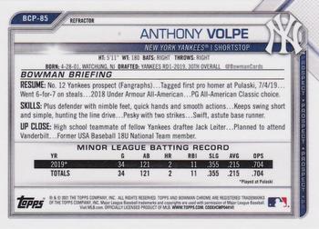 2021 Bowman - Chrome Prospects Refractor #BCP-85 Anthony Volpe Back