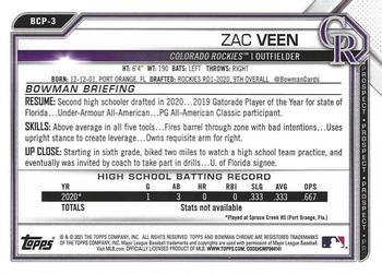 2021 Bowman - Chrome Prospects Purple Refractor #BCP-3 Zac Veen Back