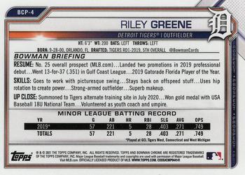 2021 Bowman - Chrome Prospects Purple Refractor #BCP-4 Riley Greene Back