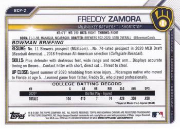 2021 Bowman - Chrome Prospects Blue Refractor #BCP-2 Freddy Zamora Back