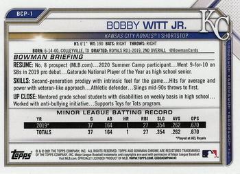 2021 Bowman - Chrome Prospects Blue Shimmer Refractor #BCP-1 Bobby Witt Jr. Back