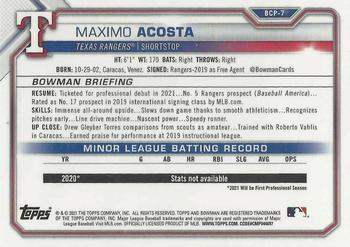 2021 Bowman - Chrome Prospects Blue Shimmer Refractor #BCP-7 Maximo Acosta Back