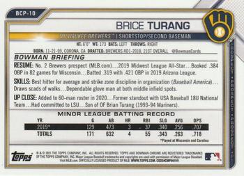 2021 Bowman - Chrome Prospects Blue Shimmer Refractor #BCP-10 Brice Turang Back