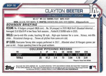 2021 Bowman - Chrome Prospects Aqua Refractor #BCP-16 Clayton Beeter Back