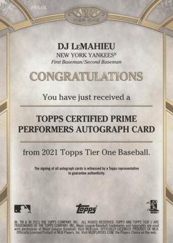 2021 Topps Tier One - Prime Performers Autographs #PPA-DL DJ LeMahieu Back