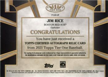 2021 Topps Tier One - Autograph Tier One Relics #T1AR-JR Jim Rice Back