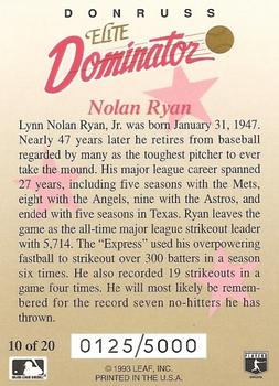 1993 Donruss - Elite Dominators Autographed #10 Nolan Ryan Back