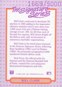 1993 Donruss - The Signature Series: Will Clark #NNO Will Clark Back