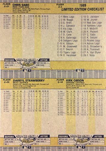1989 Fleer - Wax Box Bottom Panels #C-1 / C-10 / C-21 / C-25 New York Mets Logo / Chris Sabo / Kirk Gibson / Darryl Strawberry Back