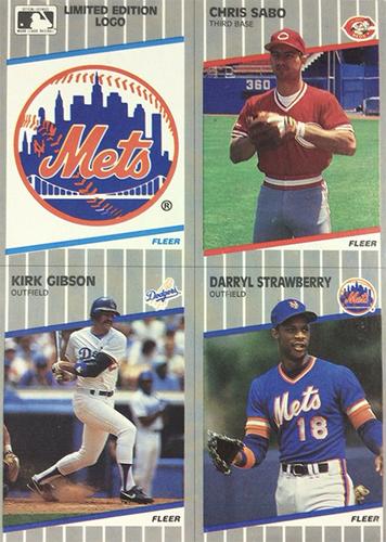 1989 Fleer - Wax Box Bottom Panels #C-1 / C-10 / C-21 / C-25 New York Mets Logo / Chris Sabo / Kirk Gibson / Darryl Strawberry Front