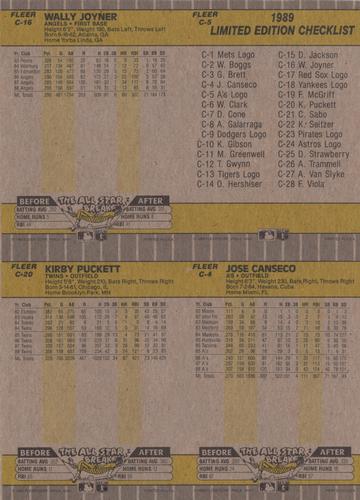 1989 Fleer - Wax Box Bottom Panels #C-4 / C-5 / C-16 / C-20 Oakland Athletics Logo / Wally Joyner / Jose Canseco / Kirby Puckett Back