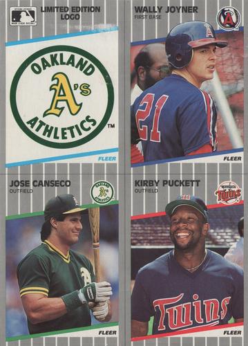 1989 Fleer - Wax Box Bottom Panels #C-4 / C-5 / C-16 / C-20 Oakland Athletics Logo / Wally Joyner / Jose Canseco / Kirby Puckett Front