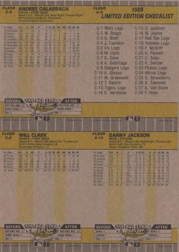 1989 Fleer - Wax Box Bottom Panels #C-6 / C-8 / C-9 / C-15 Los Angeles Dodgers Logo / Andres Galarraga / Danny Jackson / Will Clark Back