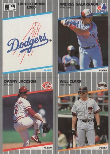 1989 Fleer - Wax Box Bottom Panels #C-6 / C-8 / C-9 / C-15 Los Angeles Dodgers Logo / Andres Galarraga / Danny Jackson / Will Clark Front