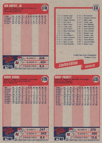 1990 Fleer - Wax Box Bottom Panels #C-9 / C-10 / C-22 / C-25 Oakland Athletics Logo / Ken Griffey, Jr. / Kirby Puckett / Ruben Sierra Back