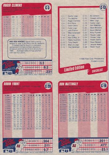 1990 Fleer - Wax Box Bottom Panels #C-13 / C-3 / C-19 / C-28 Toronto Blue Jays Logo / Roger Clemens / Don Mattingly / Robin Yount Back