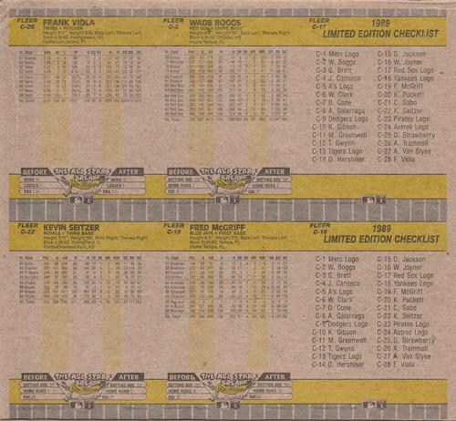 1989 Fleer - Cello Box Bottom Panels #C-2/ C-17/ C-18/ C-19/ C-22/ C-28 Boston Red Sox Logo / Wade Boggs / Frank Viola / New York Yankees Logo / Fred McGriff / Kevin Seitzer Back