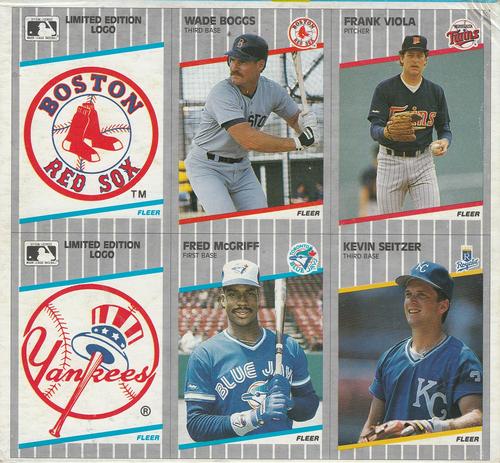 1989 Fleer - Cello Box Bottom Panels #C-2/ C-17/ C-18/ C-19/ C-22/ C-28 Boston Red Sox Logo / Wade Boggs / Frank Viola / New York Yankees Logo / Fred McGriff / Kevin Seitzer Front