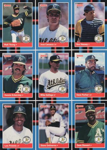 1988 Donruss Oakland Athletics Team Collection - Uncut sheets #NEW/302/349/379/425/467/472 Matt Young / Jose Canseco / Ron Hassey / Dennis Eckersley / Mike Gallego / Dave Parker / Luis Polonia / Steve Ontiveros / Dave Stewart Front