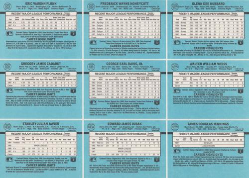 1988 Donruss Oakland Athletics Team Collection - Uncut sheets #503/528/590/595/NEW Eric Plunk / Greg Cadaret / Stan Javier / Rick Honeycutt / Storm Davis / Edward Jurak / Glenn Hubbard / Walt Weiss / Doug Jennings Back