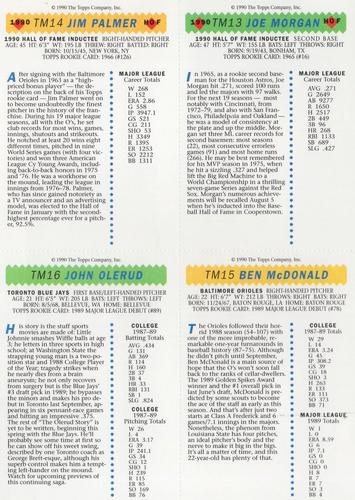 1990 Topps Magazine - Uncut Sheets #TM13-TM16 Joe Morgan / Jim Palmer / Ben McDonald / John Olerud Back
