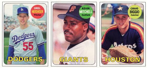 1990 Baseball Cards Magazine '69 Topps Repli-Cards - Panels #1-3 Craig Biggio / Kevin Mitchell / Orel Hershiser Front