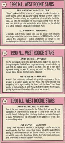 1990 Baseball Cards Magazine '69 Topps Repli-Cards - Panels #13-15 NL West Rookies (Eric Anthony / Ed Whited) / NL West Rookies (Andy Benes / Steve Avery) / NL West Rookies (John Wetteland / Joe Oliver) Back