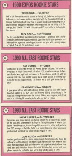 1990 Baseball Cards Magazine '69 Topps Repli-Cards - Panels #31-33 Cardinals Rookies (Todd Zeile / Alex Cole) / NL East Rookies (Pat Combs / Dean Wilkins) / NL East Rookies (Steve Carter / Jeff Huson) Back