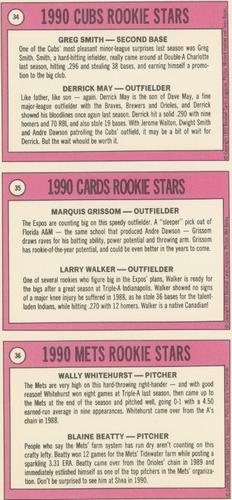 1990 Baseball Cards Magazine '69 Topps Repli-Cards - Panels #34-36 Cubs Rookies (Greg Smith / Derrick May) / Expos Rookies (Marquis Grissom / Larry Walker) / Mets Rookies (Wally Whitehurst / Blaine Beatty) Back