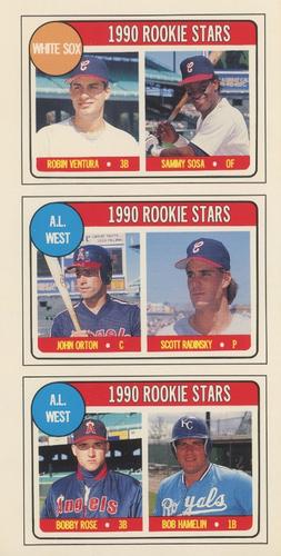 1990 Baseball Cards Magazine '69 Topps Repli-Cards - Panels #49-51 White Sox Rookies (Robin Ventura / Sammy Sosa) / AL West Rookies (John Orton / Scott Radinsky) / AL West Rookies (Bobby Rose / Bob Hamelin) Front
