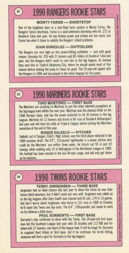 1990 Baseball Cards Magazine '69 Topps Repli-Cards - Panels #52-54 Rangers Rookies (Monty Fariss / Juan Gonzalez) / Mariners Rookies (Tino Martinez / Roger Salkeld) / Twins Rookies (Terry Jorgensen / Paul Sorrento) Back