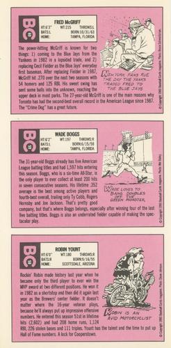 1990 Baseball Cards Magazine '69 Topps Repli-Cards - Panels #58-60 Robin Yount / Wade Boggs / Fred McGriff Back