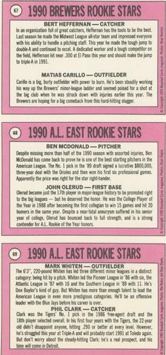 1990 Baseball Cards Magazine '69 Topps Repli-Cards - Panels #67-69 Brewers Rookies (Bert Heffernan / Matias Carrillo) / AL East Rookies (Ben McDonald / John Olerud) / AL East Rookies (Mark Whiten / Phil Clark) Back