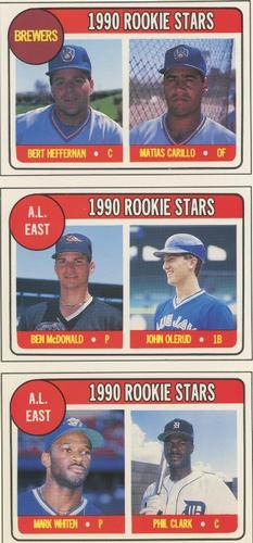 1990 Baseball Cards Magazine '69 Topps Repli-Cards - Panels #67-69 Brewers Rookies (Bert Heffernan / Matias Carrillo) / AL East Rookies (Ben McDonald / John Olerud) / AL East Rookies (Mark Whiten / Phil Clark) Front