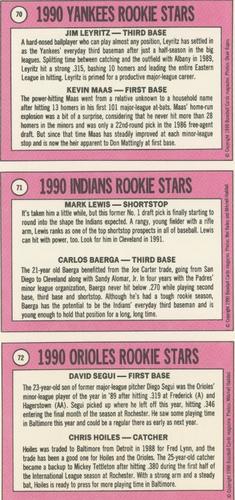 1990 Baseball Cards Magazine '69 Topps Repli-Cards - Panels #70-72 Yankees Rookies (Jim Leyritz / Kevin Maas) / Indians Rookies (Mark Lewis / Carlos Baerga) / Orioles Rookies (David Segui / Chris Hoiles) Back