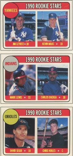 1990 Baseball Cards Magazine '69 Topps Repli-Cards - Panels #70-72 Yankees Rookies (Jim Leyritz / Kevin Maas) / Indians Rookies (Mark Lewis / Carlos Baerga) / Orioles Rookies (David Segui / Chris Hoiles) Front