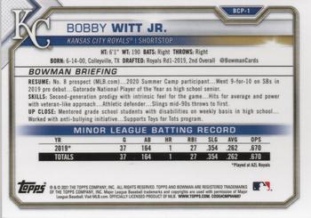 2021 Bowman - Chrome Prospects Mojo Refractor #BCP-1 Bobby Witt Jr. Back