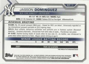2021 Bowman - Chrome Prospects Mojo Refractor #BCP-13 Jasson Dominguez Back