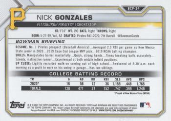 2021 Bowman - Chrome Prospects Mojo Refractor #BCP-34a Nick Gonzales Back