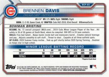 2021 Bowman - Chrome Prospects Mojo Refractor #BCP-65 Brennen Davis Back