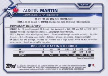 2021 Bowman - Chrome Prospects Mojo Refractor Blue #BCP-87 Austin Martin Back