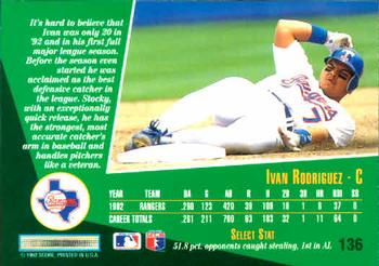 1993 Select #136 Ivan Rodriguez Back