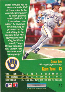 1993 Select #22 Robin Yount Back