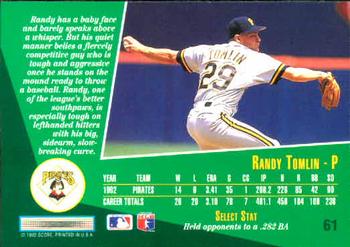 1993 Select #61 Randy Tomlin Back