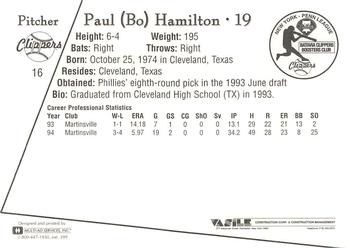 1995 Batavia Clippers #16 Bo Hamilton Back