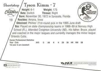 1995 Batavia Clippers #19 Tyson Kimm Back