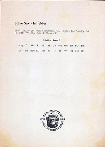 1984 Los Angeles Dodgers Smokey 5x7 #NNO Steve Sax Back