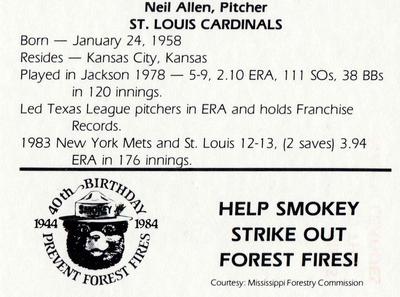 1984 Jackson Mets in Majors Smokey #NNO Neil Allen Back