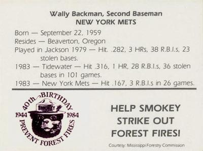1984 Jackson Mets in Majors Smokey #NNO Wally Backman Back